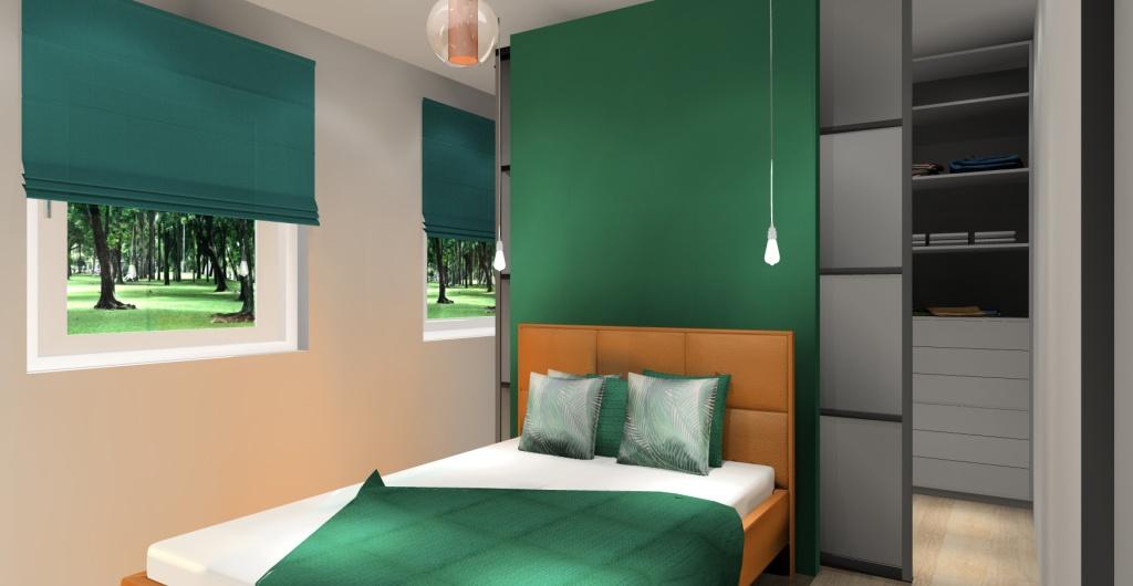 Sypialnia - dodatki w butelowej zieleni w sypialni